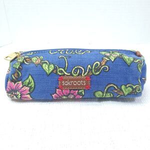 Sakroots Blue Floral Canvas Love Makeup Pencil Jewelry Travel Bag Case 8" X 2.5"